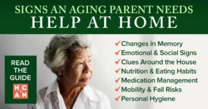 Graphic for a senior care blog showing an older woman beside a checklist of signs an aging parent may need help at home, including memory changes, social withdrawal, nutrition issues, medication concerns, mobility risks, and hygiene changes.
