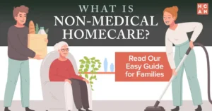 Illustration for a home care blog showing an older woman at home with caregivers helping with groceries and vacuuming, representing non-medical home care services like companionship, household help, and daily living support.