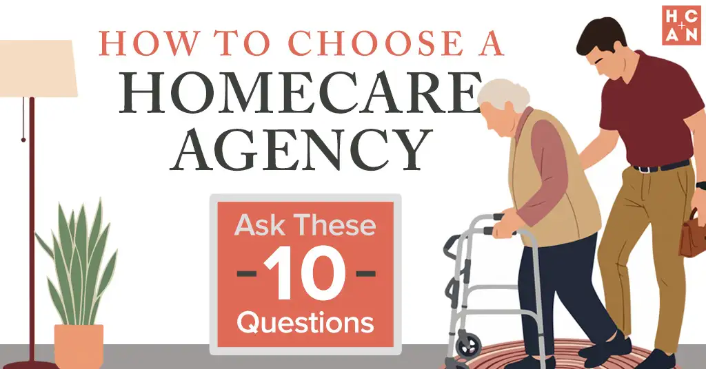 Illustration for a home care blog showing a caregiver assisting an older woman with a walker beside text about choosing a home care agency and asking 10 important questions.