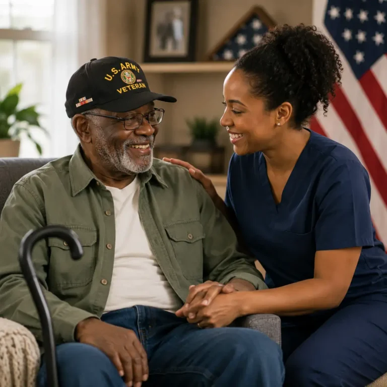 Professional caregiver providing compassionate in-home care and companionship to a Black senior veteran in Lincoln, Nebraska.