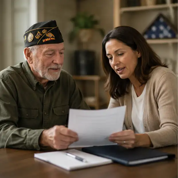 Veteran and care coordinator reviewing VA home care benefits and eligibility information in Sarpy County, Nebraska.