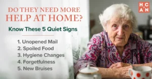 Older woman seated at a table beside text listing five quiet signs a parent may need more help at home, including unopened mail, spoiled food, hygiene changes, forgetfulness, and new bruises.