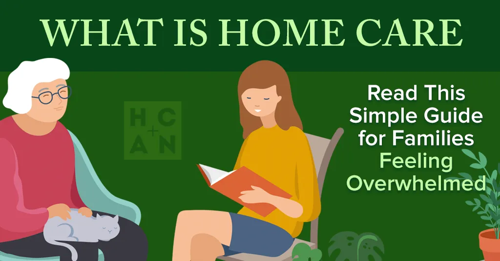 Caregiver reading to a senior woman petting a cat at home