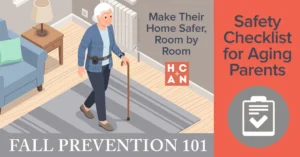 Elderly woman using a cane in a living room graphic for a home safety checklist on fall prevention for aging parents