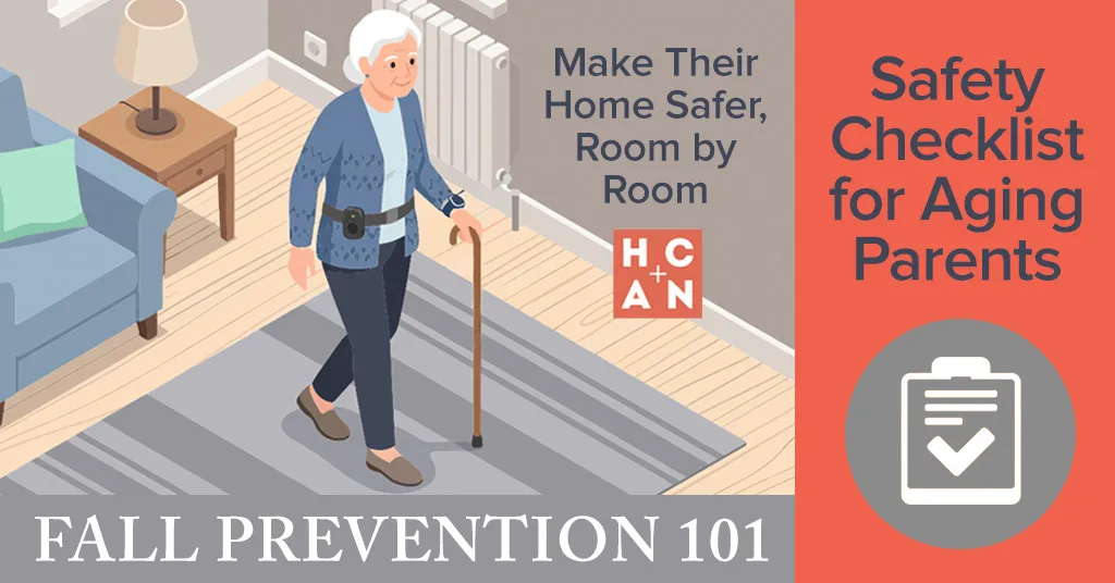 Elderly woman using a cane in a living room graphic for a home safety checklist on fall prevention for aging parents