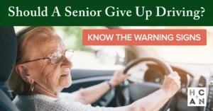 Older woman driving a car in a senior driving safety graphic about warning signs for aging parents