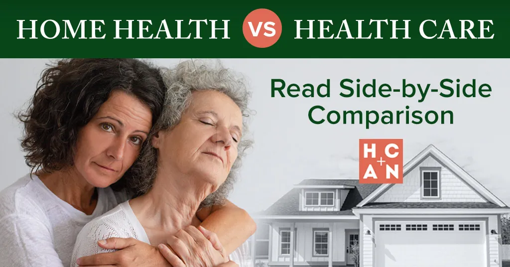 Adult daughter embracing an older woman in a graphic about home care vs home health comparison